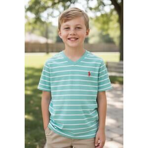 Polo Ralph Lauren Boys’ Striped V-Neck T-Shirt – Mint Green & White – Size 5